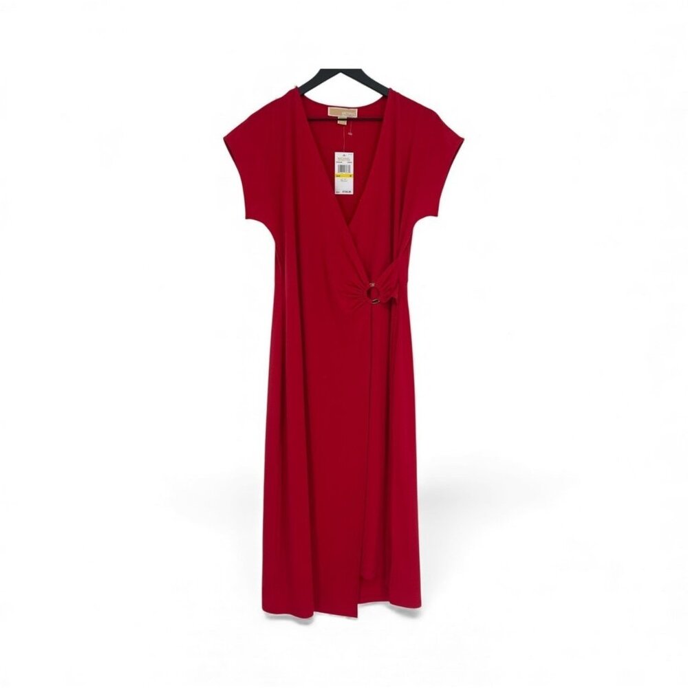 Michael Kors Red Wrap Midi Dress with Ring Detail Size M
